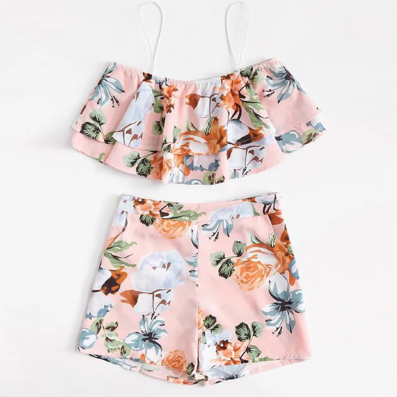 Комплект из двух предметов с цветочным принтом топ и штаны летний женский