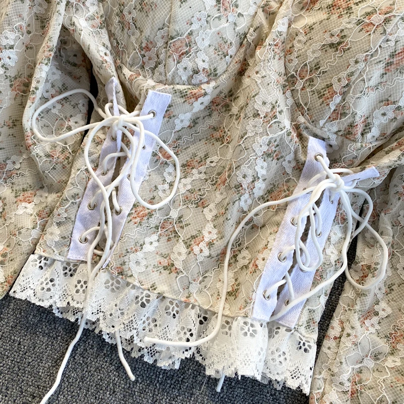 

French Style Sweet Lace-up Waist Slimming Square Collar Puff Sleeve Short Top Women's 2021 Spring New Blouse Crop Top