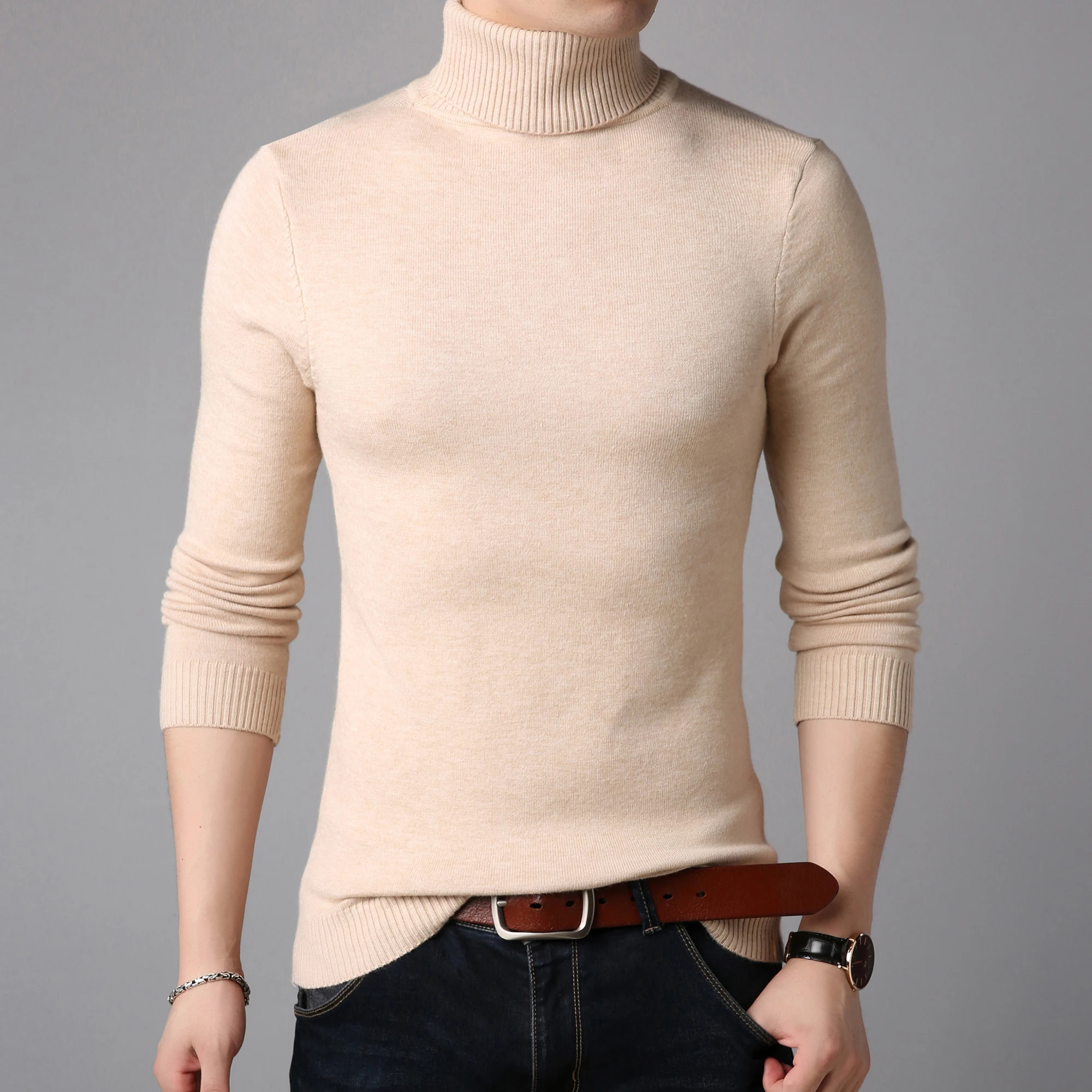 

Fashion 2021 Spring Men Sweaters Turtleneck Pullover Soild Color Knitwear High Quality Korea Slim Casual Male Clothes Homme Fit
