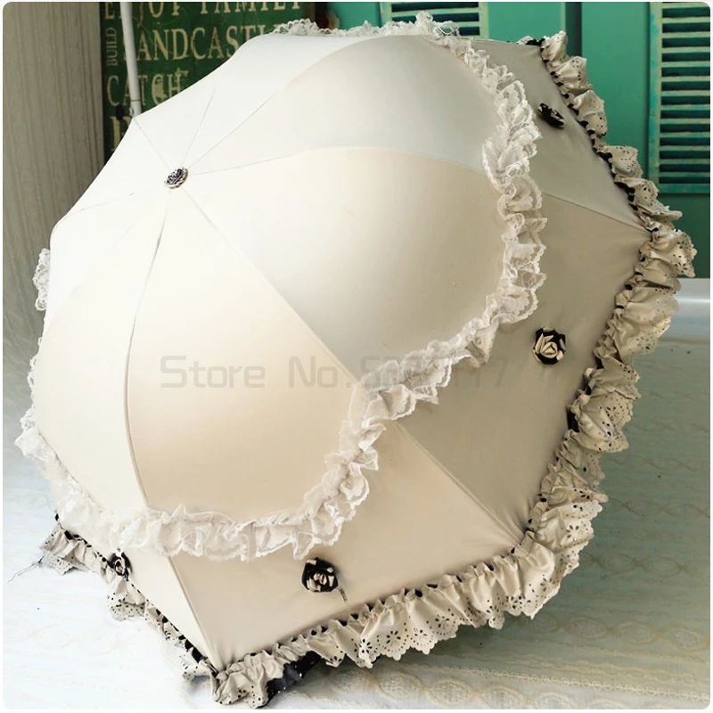 Зонт женский кружевной от дождя и солнца корейский стиль три сложения защита