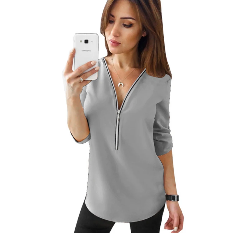 Женская шифоновая рубашка с v образным вырезом на молнии однотонный топ и