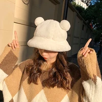 fashion cute bear ears bucket hats for women rabbit faux fur plush warm autumn winter hat lady outdoor panama fisherman cap hat