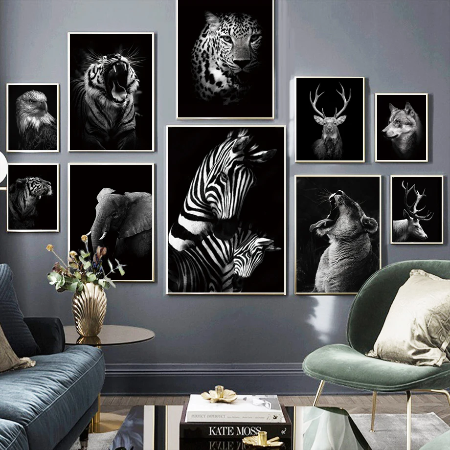 

Black White Animals Canvas Painting Zebra Tiger Lion Elephant Poster for Home Design Modern Nordic Wall Art Prints