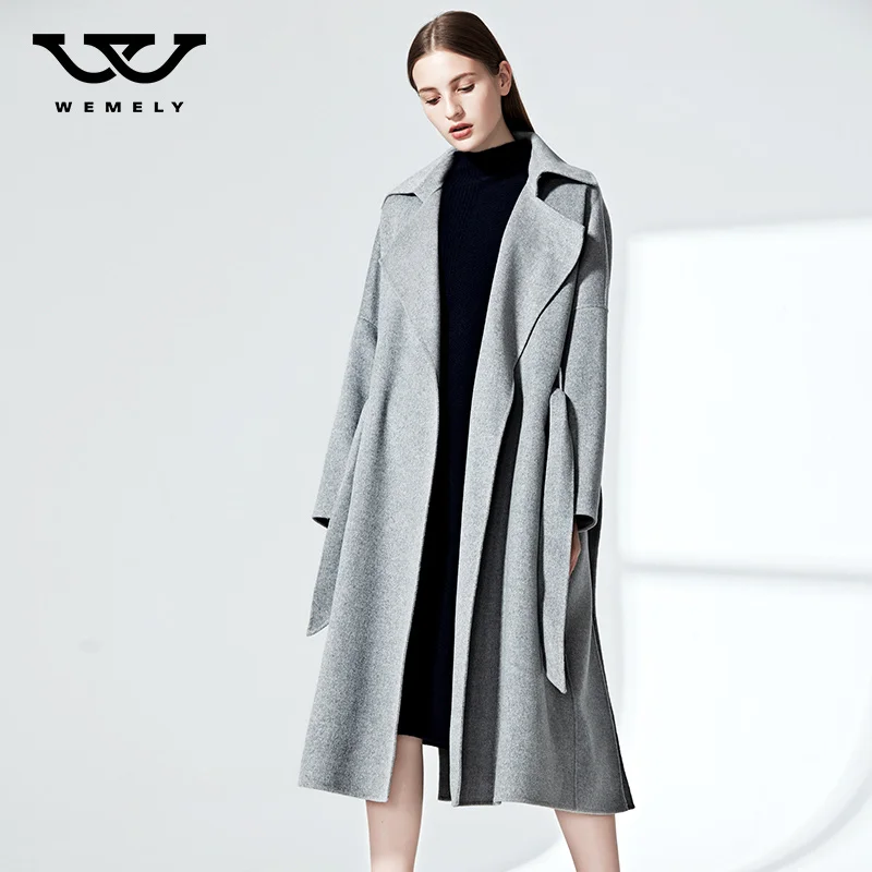 

Double sided cashmere coat women's autumn and winter 2021 drawstring waist loose medium and long double-sided wool coat