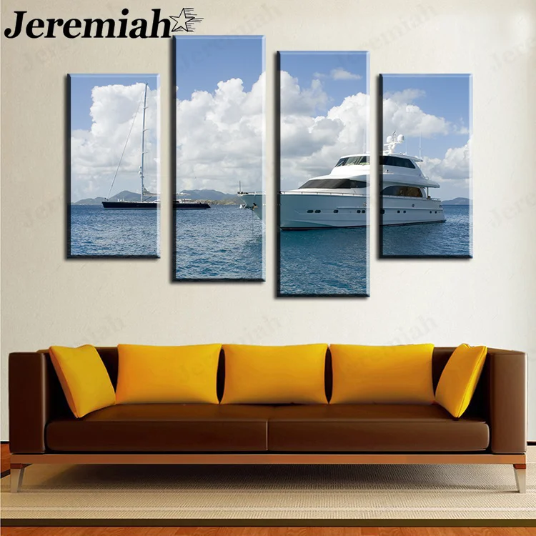 

Modern Sea Scenery Cruise Ship Canvas Painting Blue Sky Sailing Ship Poster Mural 4 Pieces of Modern Home Decoration Accessories