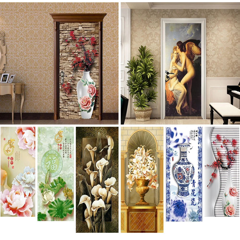 

2pcs/set Thicken PVC Art Door Stickers Bedroom Living Room Home Decor Peel & Stick Wall Sticker Waterproof Door Art Wallpaper
