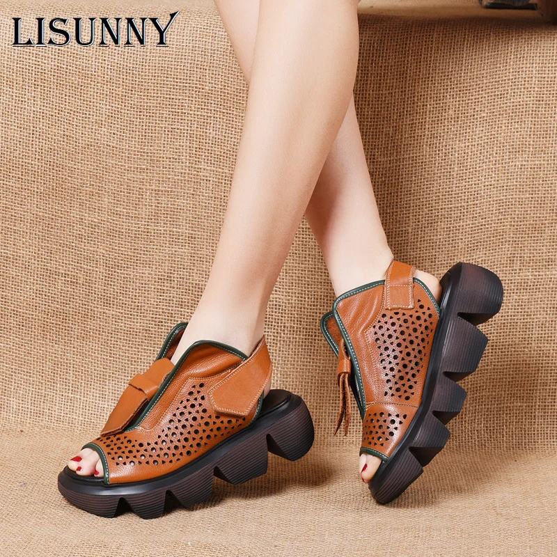 

LISUNNY Genuine Leather Women Sandals Summer Shoes Hook & Loop Retro Hollow Handmade Concise Platform Ladies Sandals