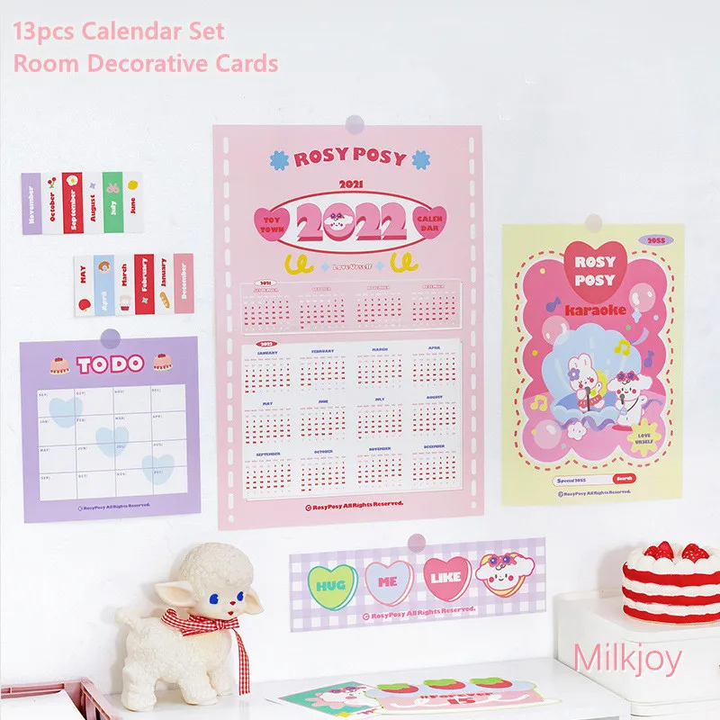 

13pcs /set Kawaii 2022 Calendar Card Bedroom Wall Decorative Paper Creative Notebook Planner Sticker Material School Stationery