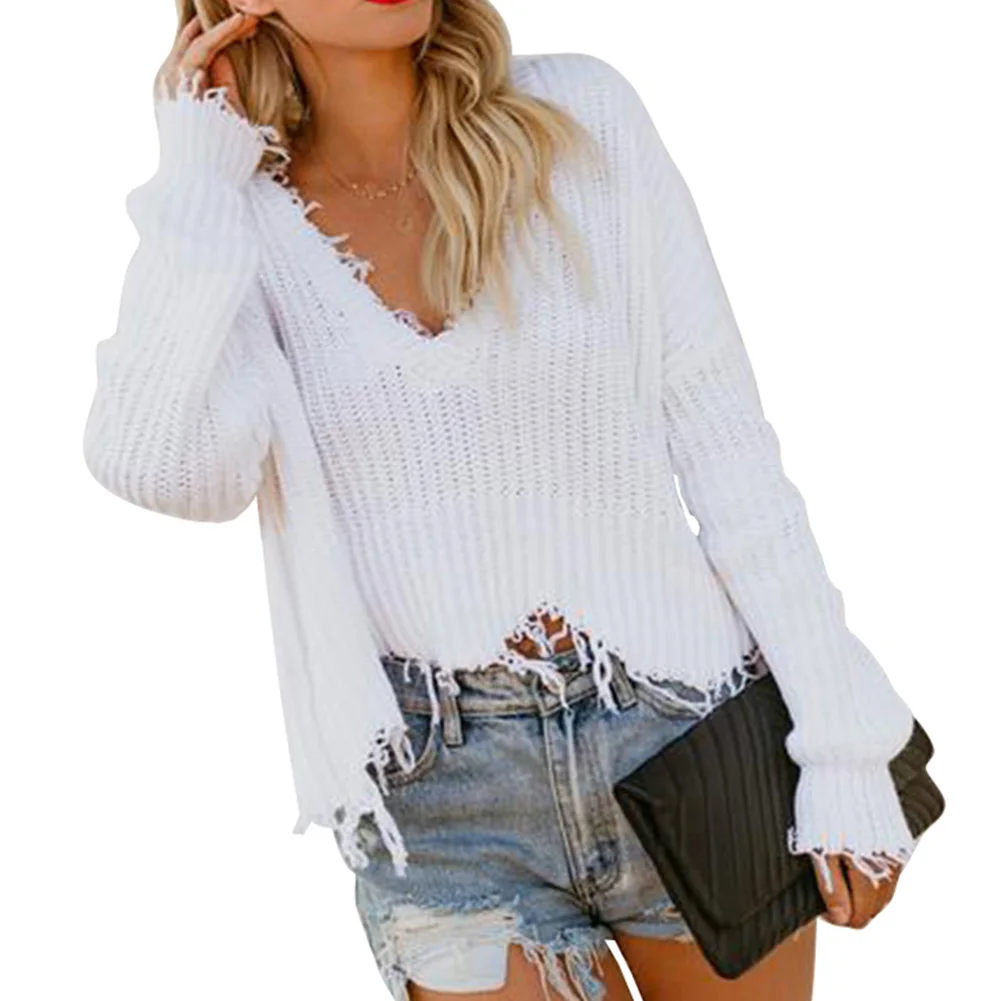 Женский пуловер с длинным рукавом v-образным вырезом свитер свободный кисточками