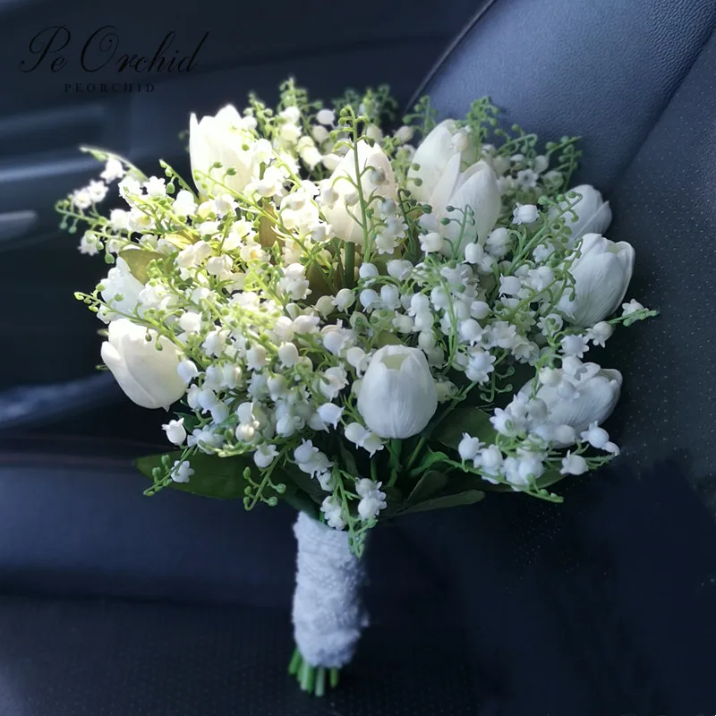 

PEORCHID Romantic Valley Lily Wedding Bouquets White Green Convallaria Ramo Dama De Honor Artificial Bridal flower Hand Bouquet