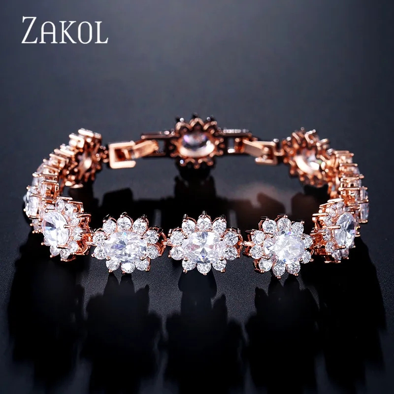 Rose Gold ZAKOL Роскошные 3 цвета Овальный циркония кристалл звено цепи браслеты браслет для женщин Мода цветок Свадебные украшения FSBP1013 - Окраска металла: Rose Gold