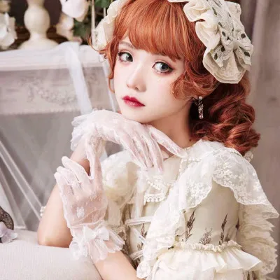 

Cute Lolita Gloves Kawaii Lace Bowknot Pearl Luxuriant Style Elegant Weeding Party Hand Cuff Vintage Princess Cosplay Costume
