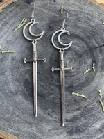 crensent moon earrings victorian large sword earrings gothic silver plated dark witchy goddess goth dangle earrings