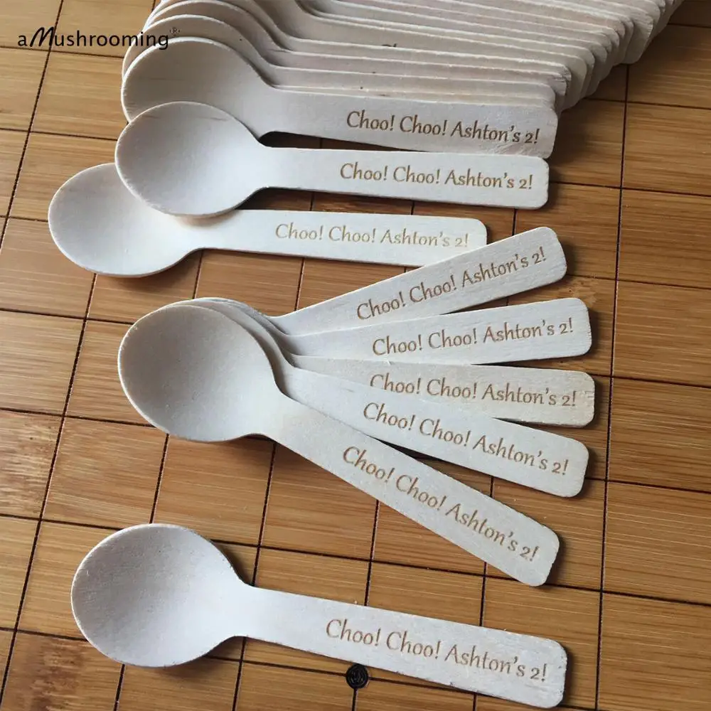 Personalized Mini Wooden Spoons for Birthday Baby Shower Party Buffet Table Decor Compostable Spoon Dessert Cake Ice Cream | Дом и сад