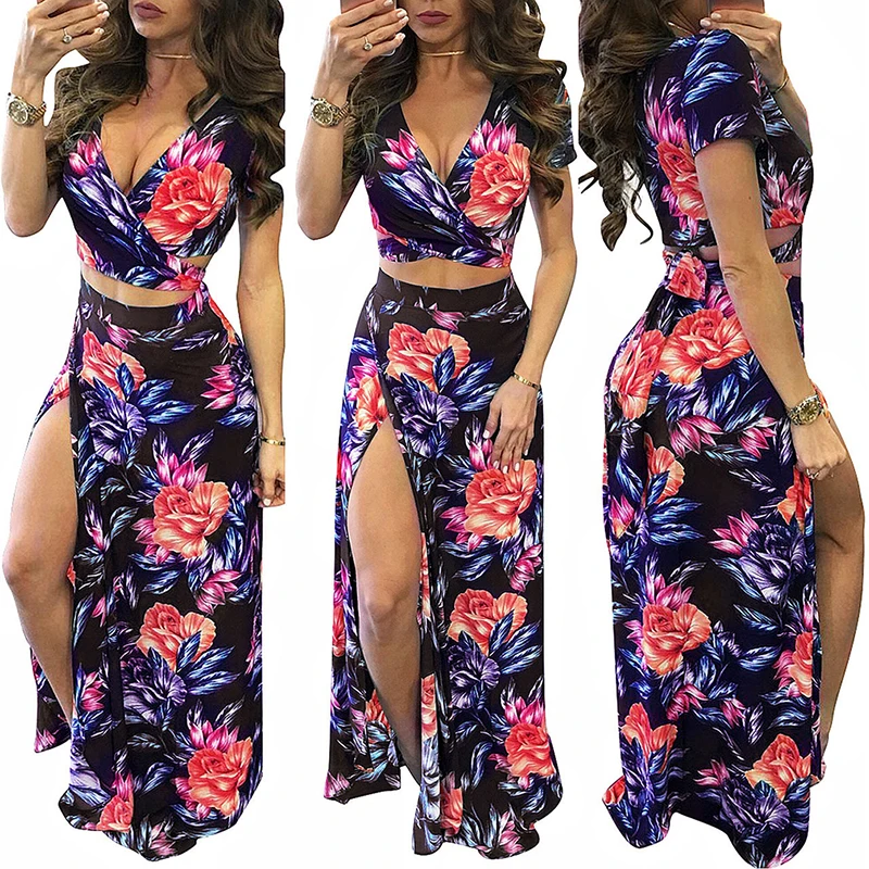 

Women Sexy Two Piece Set Summer Floral Printed Crop Top And Long Skirt Suit Fashion Casual Deep V-Neck T-Shirt And Skirt Suit