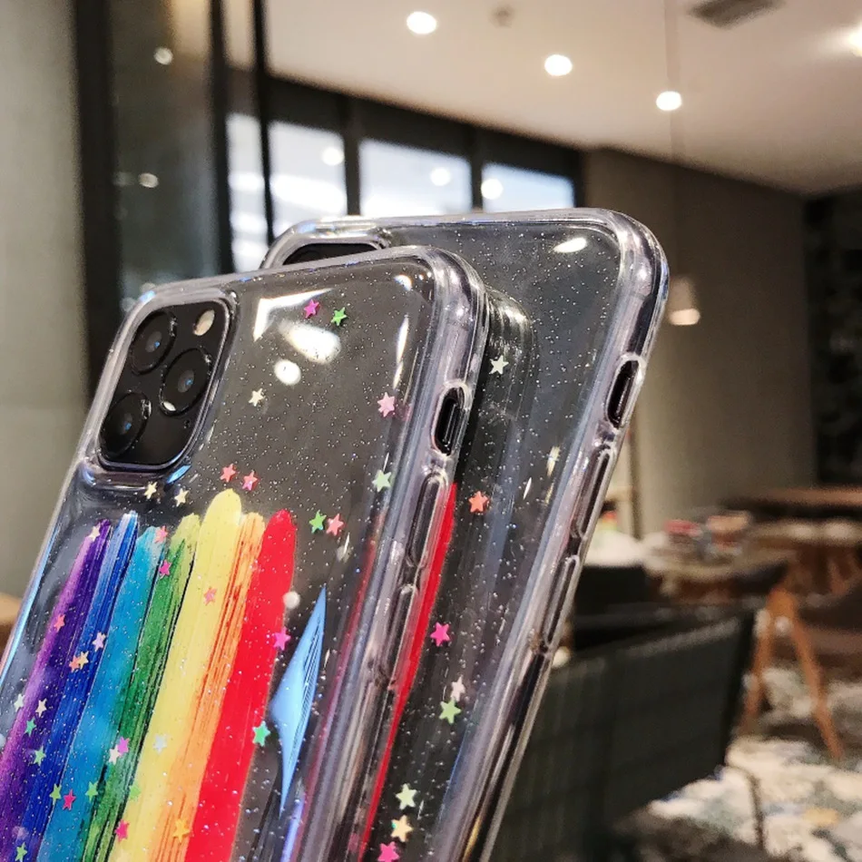 Блестящий Радужный Прозрачный чехол для IPhone 11 Pro Max телефона силиконовый милый