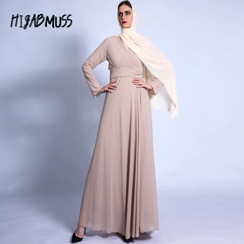 

Autumn New Muslim Dress Hot Selling Design Abaya Clothing For Women Modest Fashion Sashes Chiffon Satin Dress Turkey Middle East