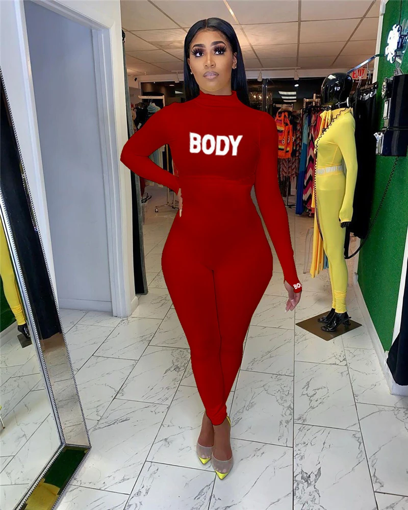 Adogirl Body Letter Print Women Casual Jumpsuit Turtleneck Long Sleeve Skinny Romper Female Tracksuit Fashion Clothing Overalls