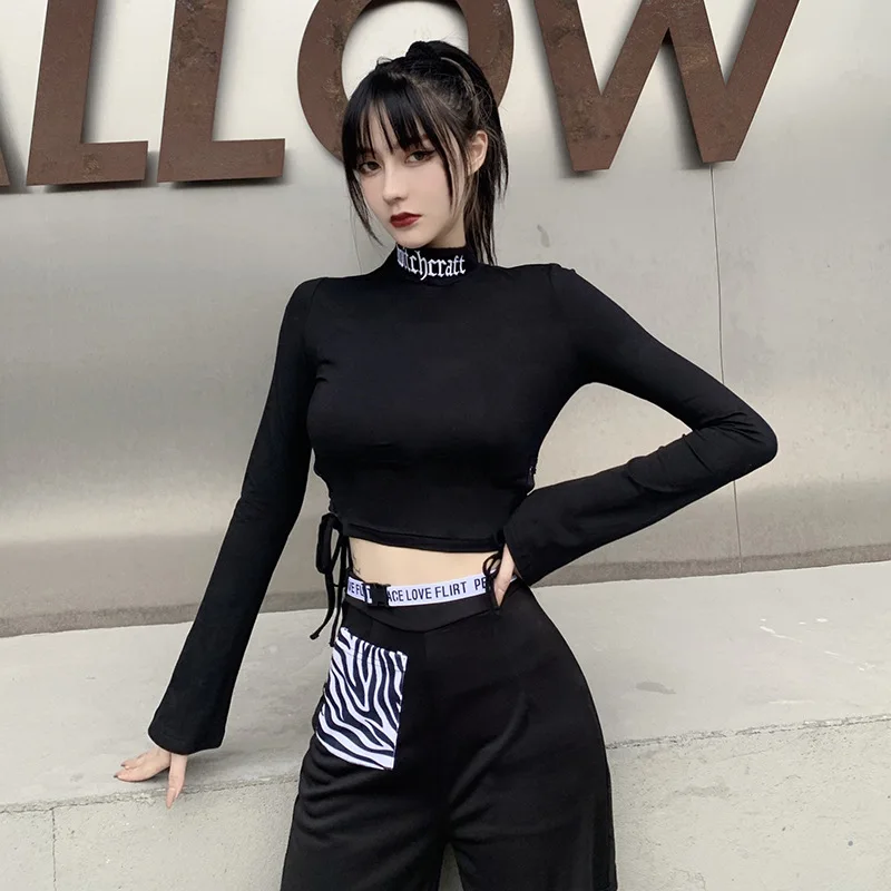 

Turtleneck Long Sleeve Basic Top Streetwear Goth Bandage Black Tops Harajuk Punk Letter Print Bodycon Cropped Tops Women 2021