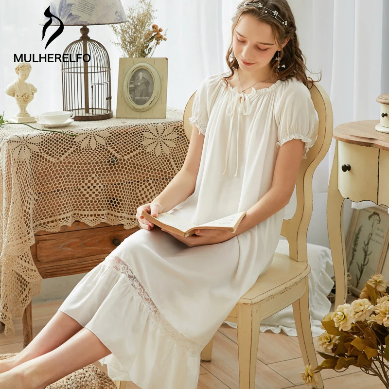 

Lovely Round Collar Short Sleeve Women's Nightdress Solid Loose Lace Ruffle Female Homewear Vintage Elegant Pullover Nightwear