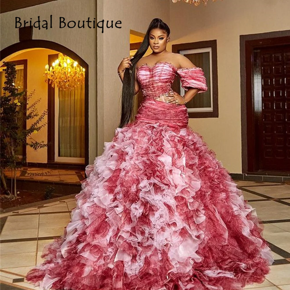

Aso Ebi African Colorful Evening Dress Mermaid Off the Shoulder Ruffles Prom Dresses Plus Size Nigerian Style Formal Gowns