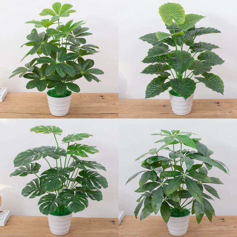

Plastic Green Monstera Tree Artificial Plants For Home Decor Fake Greenery Tropical Palm Small Plant Garden Decoration