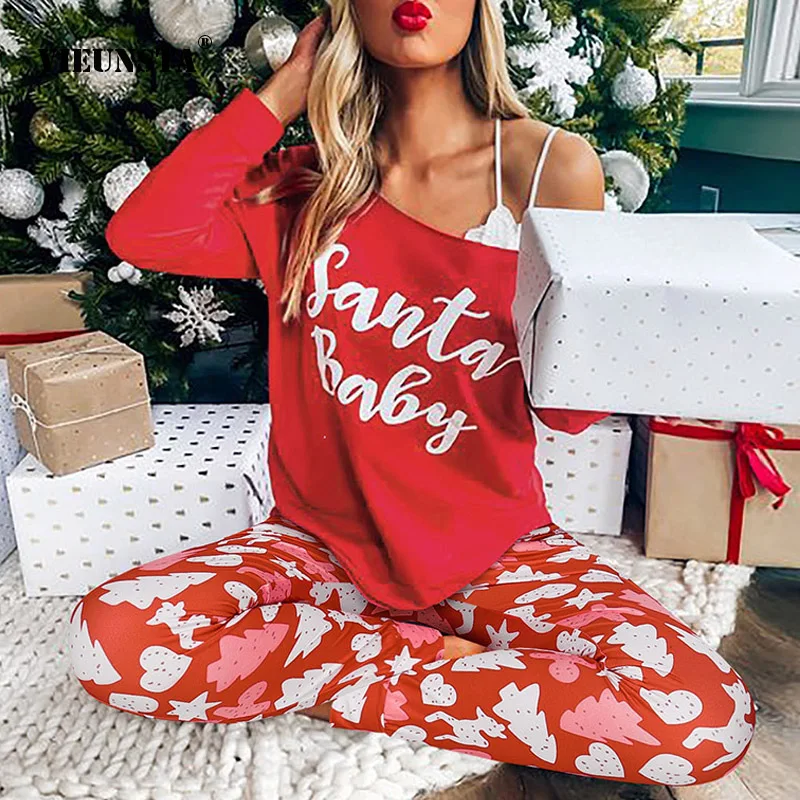 

Christmas 2020 Homewear Two Piece Set For Women Tracksuit Elegant Off Shoulder Letter Print Tops And Casual Plaid Long Pant Sets