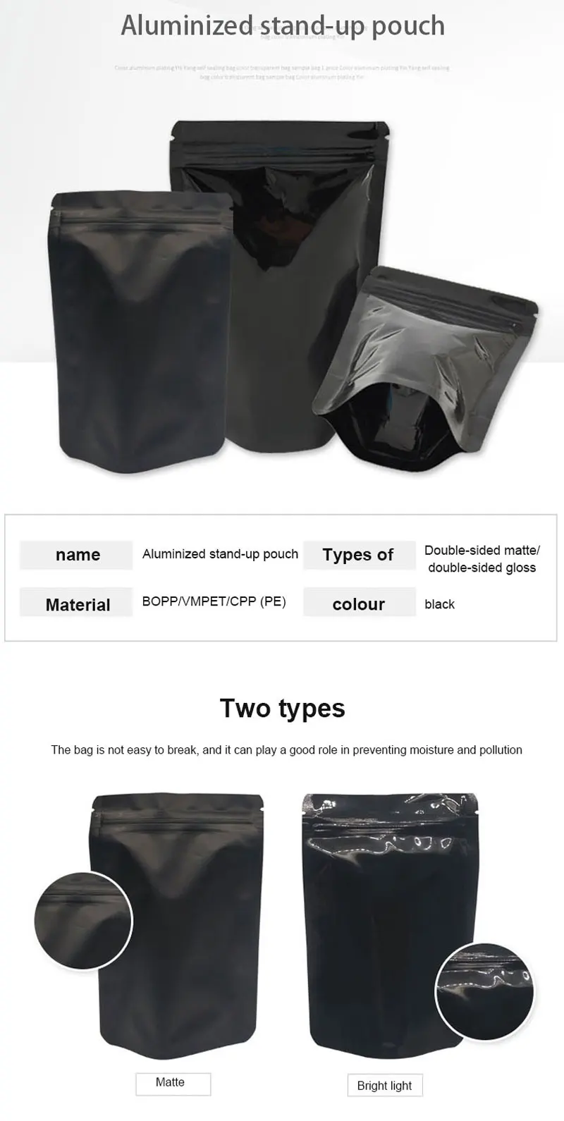 Новый вертикальный матовый черный из алюминиевой фольги мешки Ziplock мешок дой Пак