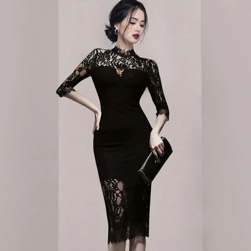 

ZAWFL High Quality O-Neck Lace Bodycon Dress Women Korean Style Sheath Pencil Dresses OL Hollow Ruched Draped Vestido