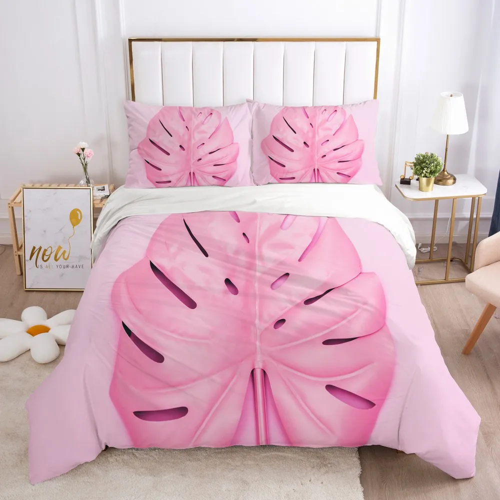 

3D Modern Bedding sets Fashion Quilt covers Pillowcases Pink Leaves Duvet cover set Comforter case King Queen Single Bedchothes