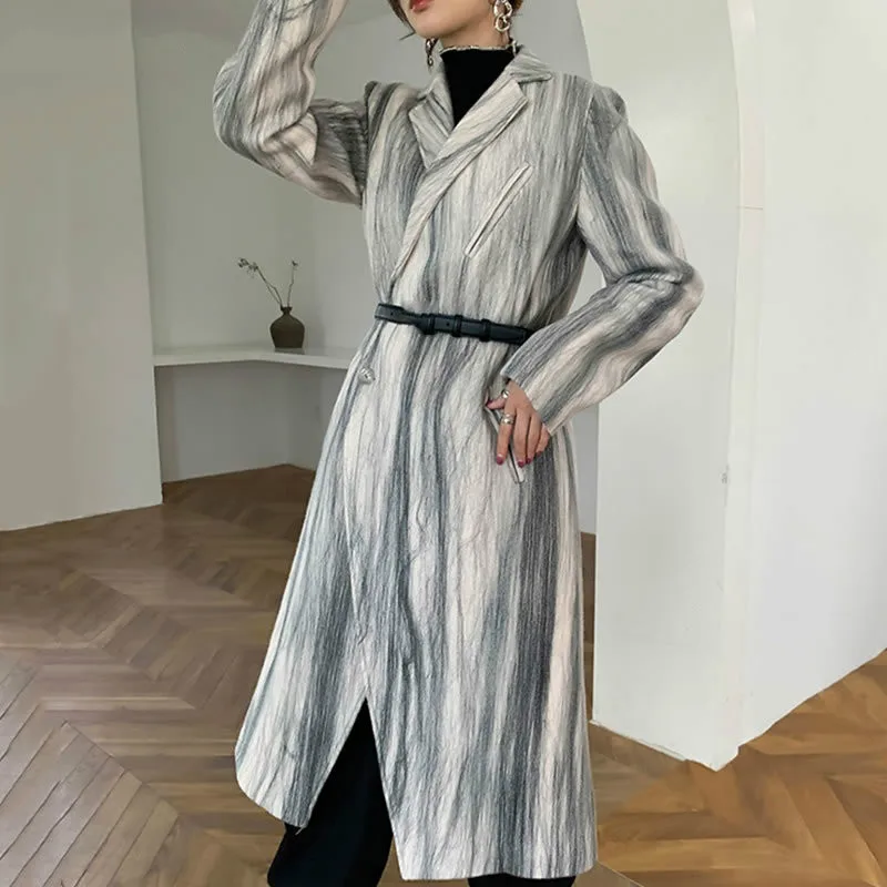 

New Smoke Gray Lines Print Blend Loose Casual Women Coat Winter Fashion V Neck Collar Simplicity Single Button C707