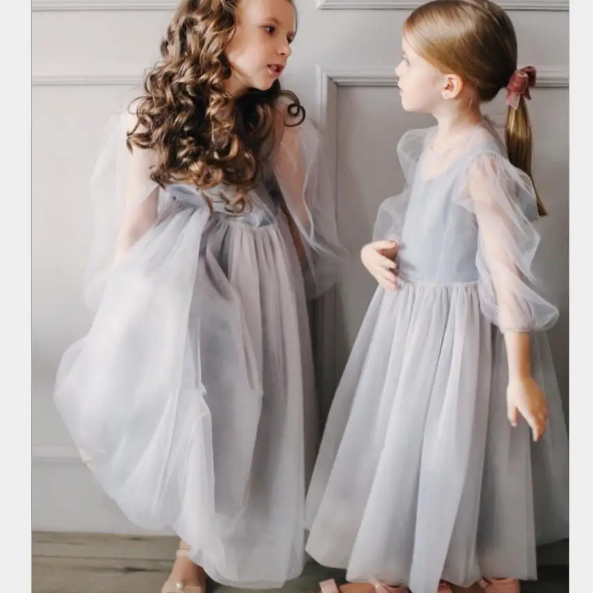 

Высококачественное Сетчатое платье для маленьких девочек, новинка весенне-летнего сезона, серое платье с длинным рукавом, детская одежда для дня рождения, вечернее платье женское ws1987