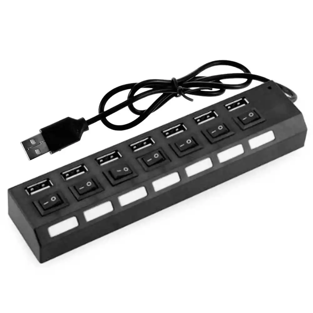 

7 Ports USB 2.0 Hub Portable Black Splitter with Individual ON/OFF Switch and LED Adapter for Laptop PC Windows 10 7 XP