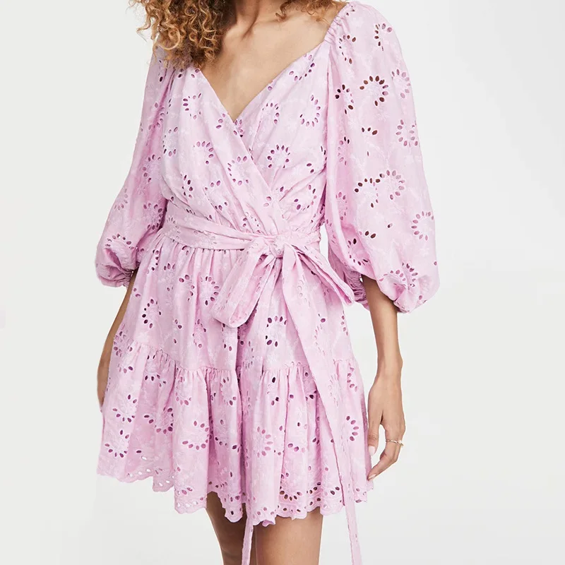 

Летнее платье MSXU 2021 с V-образным вырезом и бантом, праздничное платье с коротким рукавом и поясом, темпераментное короткое платье для женщин