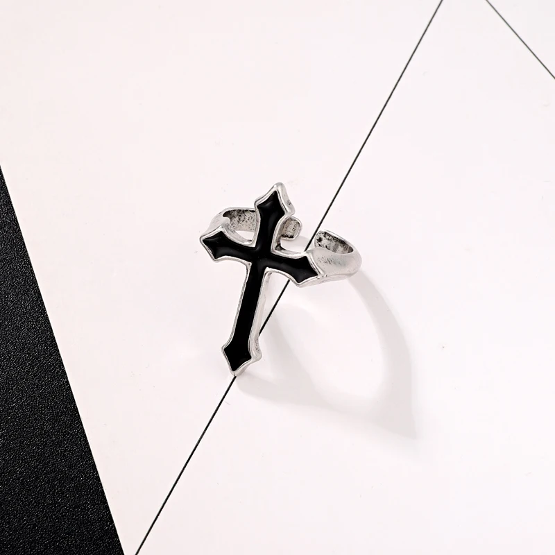 

GEOMEE 1PC Vintage Black Big Cross Open Ring For Women Party Jewelry Men Trendy Gothic Metal Color Finger Ring Anillo R58-1