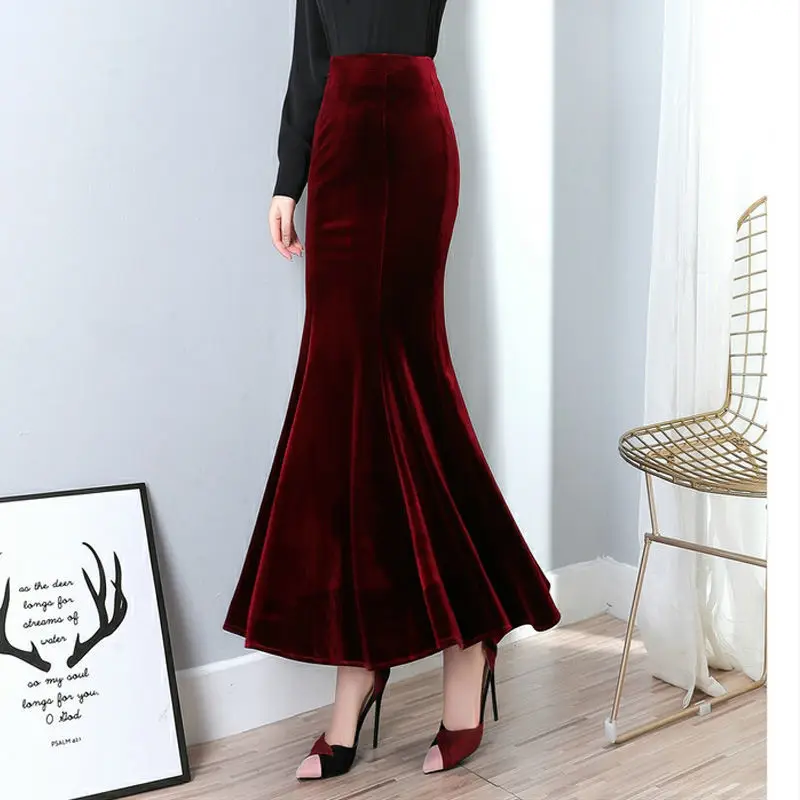 

Женская юбка-макси с высокой талией, красная элегантная велюровая бархатная юбка-годе в винтажном стиле, Новинка осени 2021, 4XL