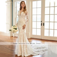 romantic v neck long sleeves layered lace wedding dress mermaid bride dress 2020 fit and flare wedding dress with side cutouts