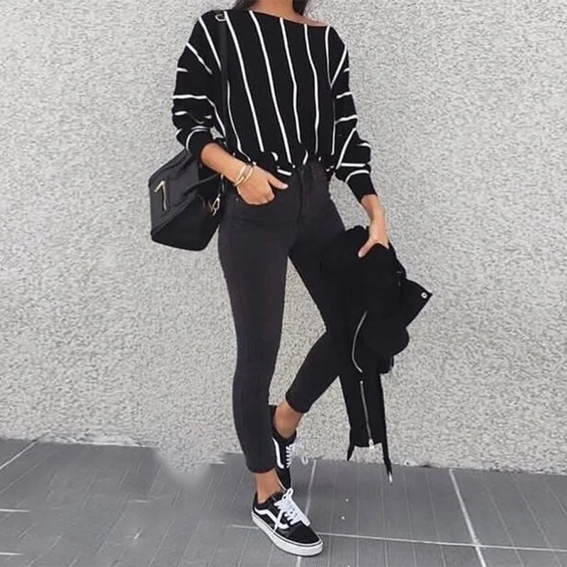 

Women Casaul O-neck Vertical Sriped Short Sexy Top Long Sleeve Streetwear Elegant Top 2020 New Arrival Summer Fashion Shirt