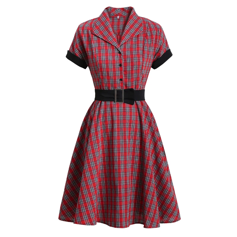 

Turn-down Collar Button 1950s Vintage Plaid Midi Dress Women Short Sleeve High Waist A Line Swing Retro Clothes Party Vestidos