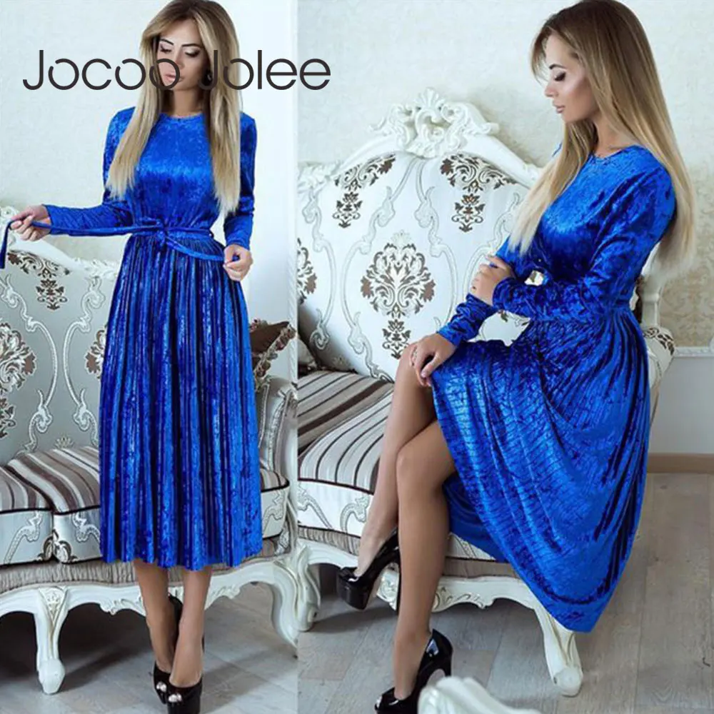 

Jocoo Jolee Vintage Long Sleeve Velvet Dress Women Bodycon Belt Midi Dress Casual Spring Pleated Party Dress Vestidos Robe Femme
