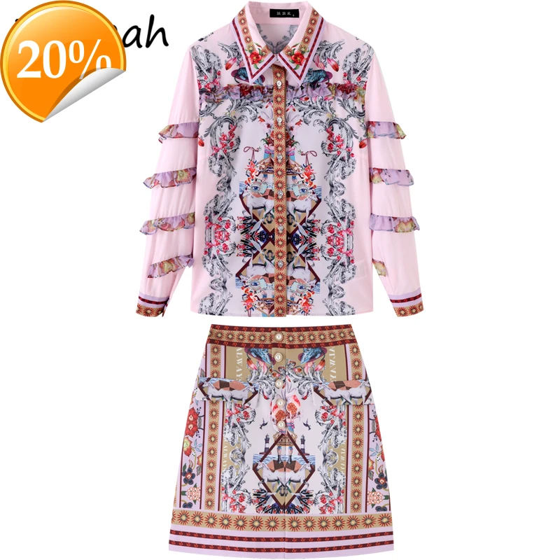 

New 2021 Women Summer Fashion Designer Rock Set Lateral Shell Shoes Blouses + High waist Short skirts 2-piece suit