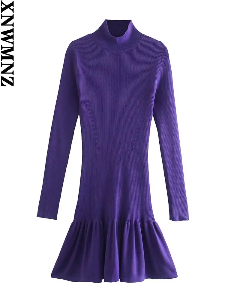 

XNWMNZ женское платье 2022 za модное приталенное вязаное платье миди с оборками винтажные женские платья с высоким воротником и длинным рукавом ...