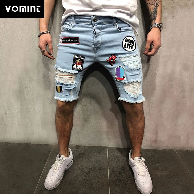 

VOMINT Men Cotton Distressed Denim Shorts Ripped Jean Male Casual Holes Pants Summer Short Mens Jeans