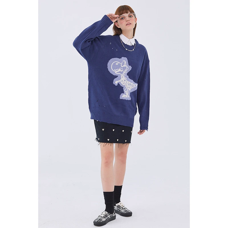 

Japanese Harajuku Streetwear Distressed Dinosaur Skull Sweater for Men and Women Cute Knit Oversized Ripped Dinosaur Jumper