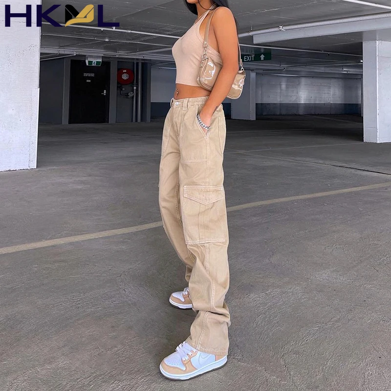 

Джинсы женские с завышенной талией, мешковатые брюки из денима с большими карманами, повседневные винтажные брюки-карго цвета хаки с широки...