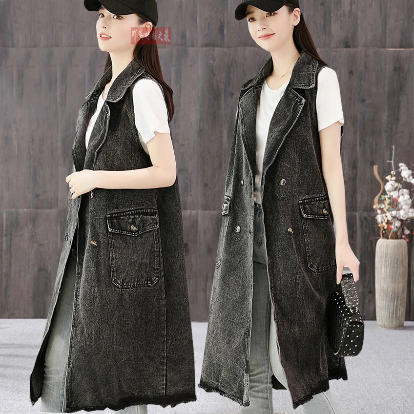 

Large pockets suit collar long denim plus size Vest Women New plus size black denim Vest fashionable sleeveless jacket Female