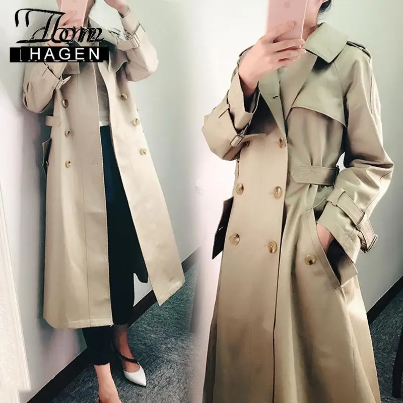 Том Хаген зимний длинный Тренч пальто для женщин Бежевый свободный Epaulet дизайн
