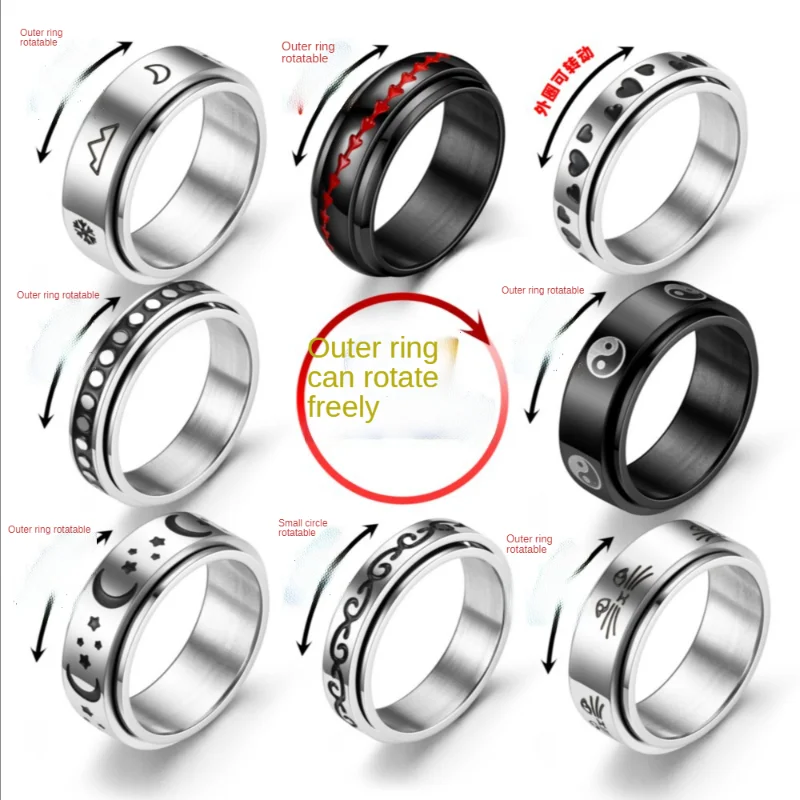 

2021 new trend sun star moon titanium steel lucky cat rotatable men's ring party holiday gift hip hop couple jewelry accessories