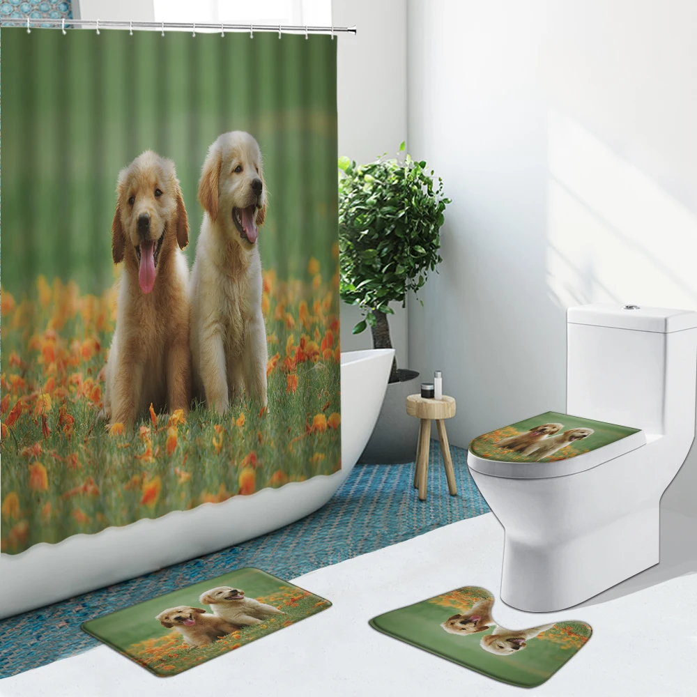 

Funny Pet Dog Beach Shower Curtain Animal Cat Lawn Non-Slip Flannel Rugs Toilet Cover Bathroom Set Bath Mat Home Indoor Decor