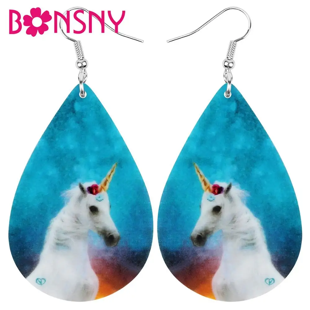 

Bonsny Acrylic Teardrop White Unicorn Horse Earrings Drop Dangle Jewelry Ornaments For Women Girl Teen Kids Charm Gift Accessory